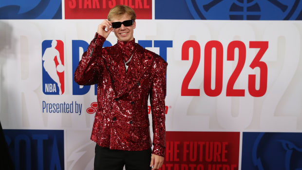 Jun 22, 2023; Brooklyn, NY, USA; Gradey Dick (Kansas) arrives for the first round of the 2023 NBA Draft at Barclays Arena. Mandatory Credit: Wendell Cruz-USA TODAY Sports